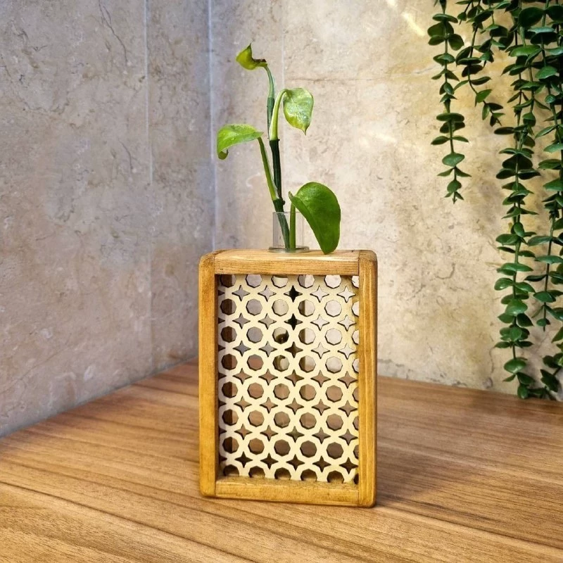 گلدان چوبی تک قلم مدل حصیری